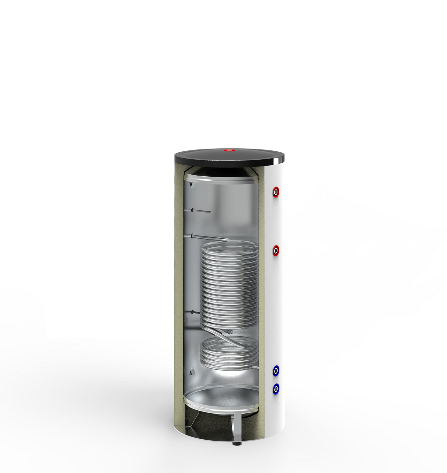 ALT="Detail spiraalwarmtewisselaar in Inox RVS buffervat – roestvrijstalen coil voor efficiënte warmteoverdracht bij warmtepompen"